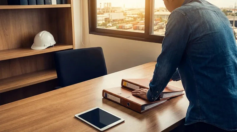 Business owner reviewing payroll and insurance binders at a tidy desk, Missouri Workers' Comp