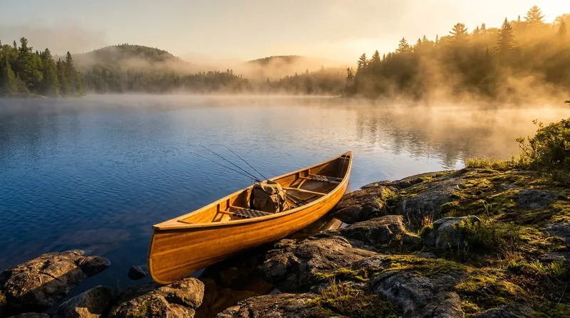 Wooden canoe and fishing gear on a rocky shore of a misty lake at dawn, How to Start a Float Trip or Canoe Rental Business in Missouri