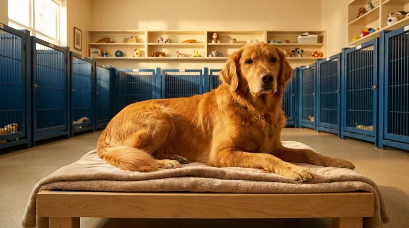 Golden retriever resting in a tidy kennel playroom, How to Start a Dog Breeding or Kennel Business in Missouri