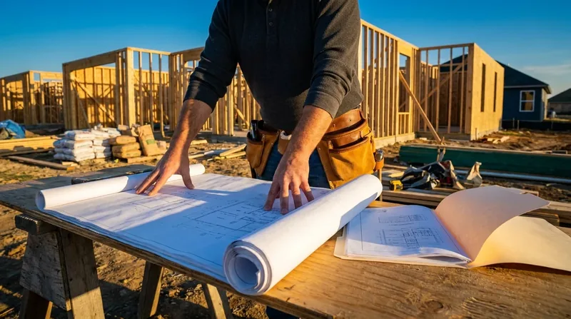 Contractor reviewing blueprints at a framed residential jobsite, Missouri Contractor License