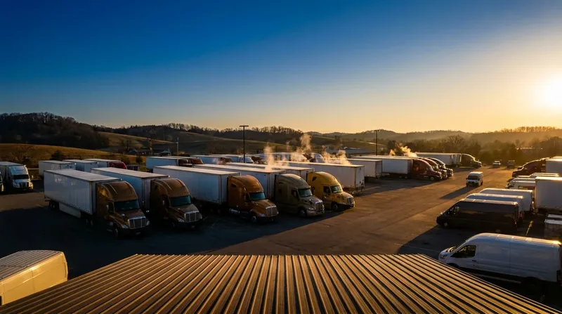 Box trucks and semis at a logistics yard at sunrise, How to Start a Moving Company in Missouri